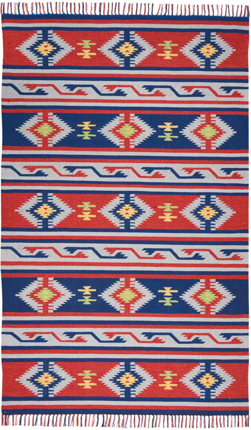 Blue and Red Southwestern Handmade Area Rug With Fringe Photo 8