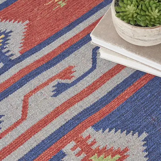 Blue and Red Southwestern Handmade Area Rug With Fringe Photo 9