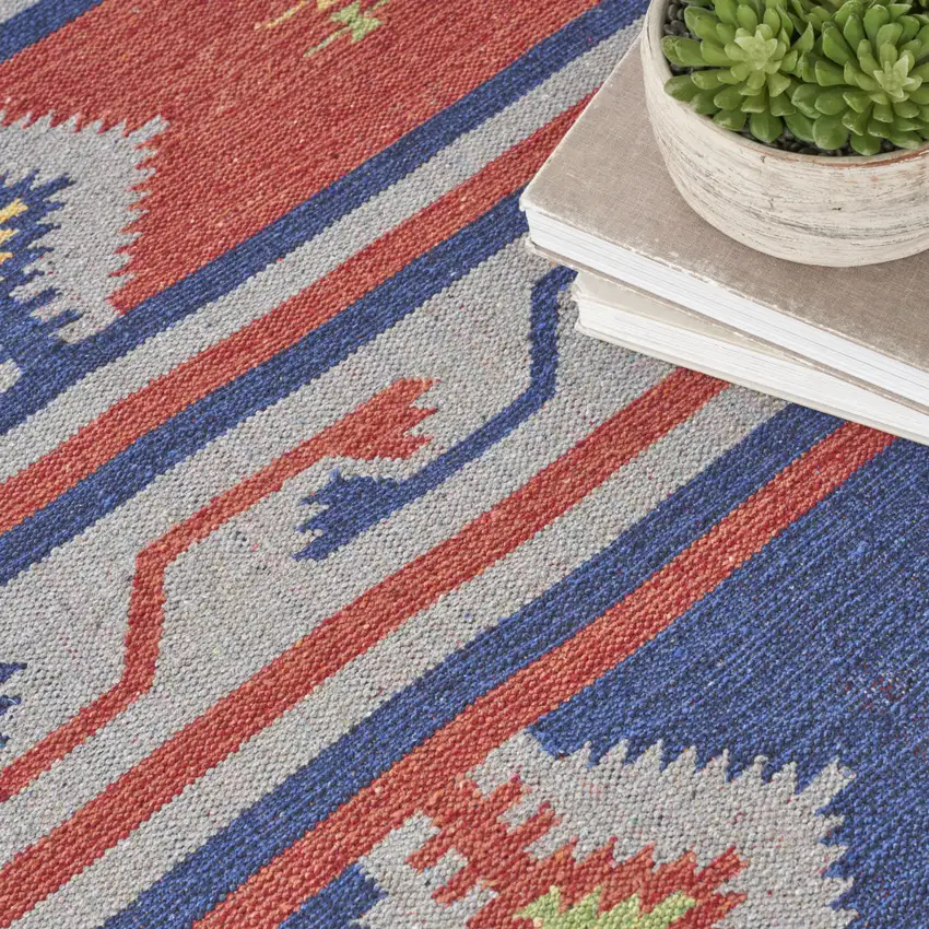 Blue and Red Southwestern Handmade Area Rug With Fringe Photo 9