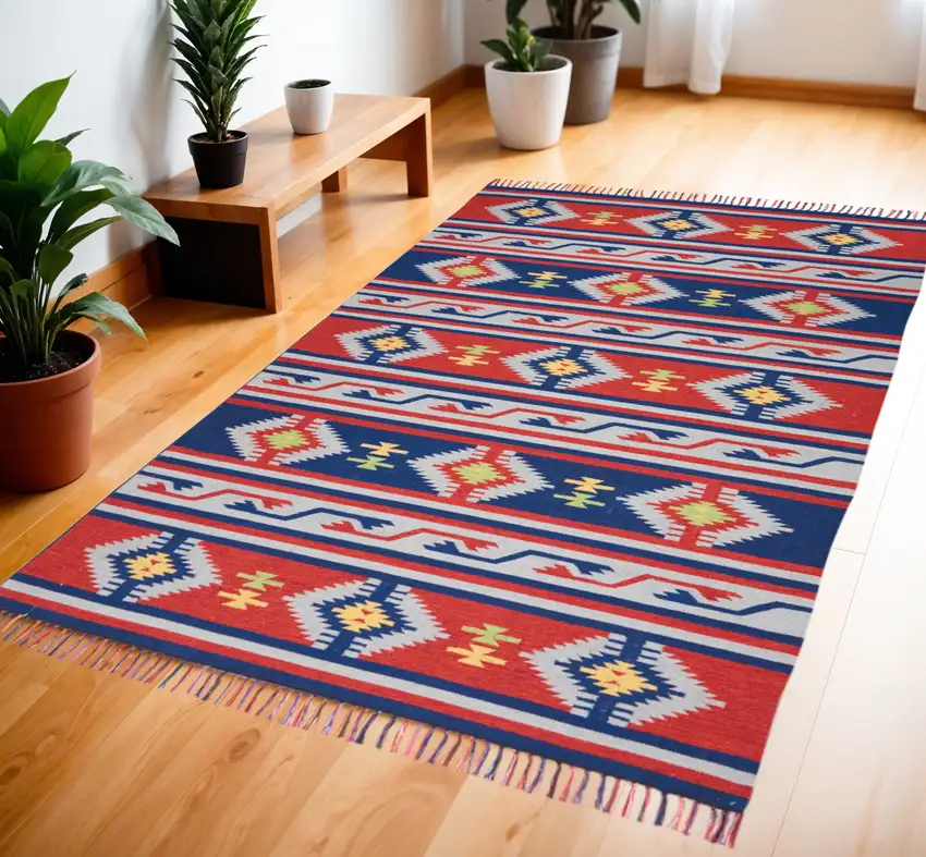 Blue and Red Southwestern Handmade Area Rug With Fringe Photo 1
