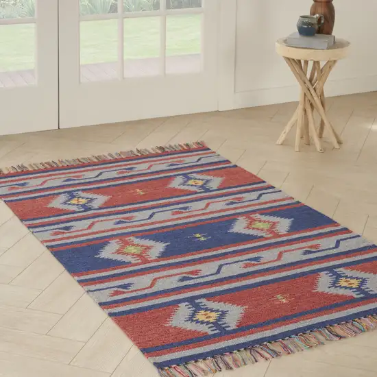 Blue and Red Southwestern Handmade Area Rug With Fringe Photo 4