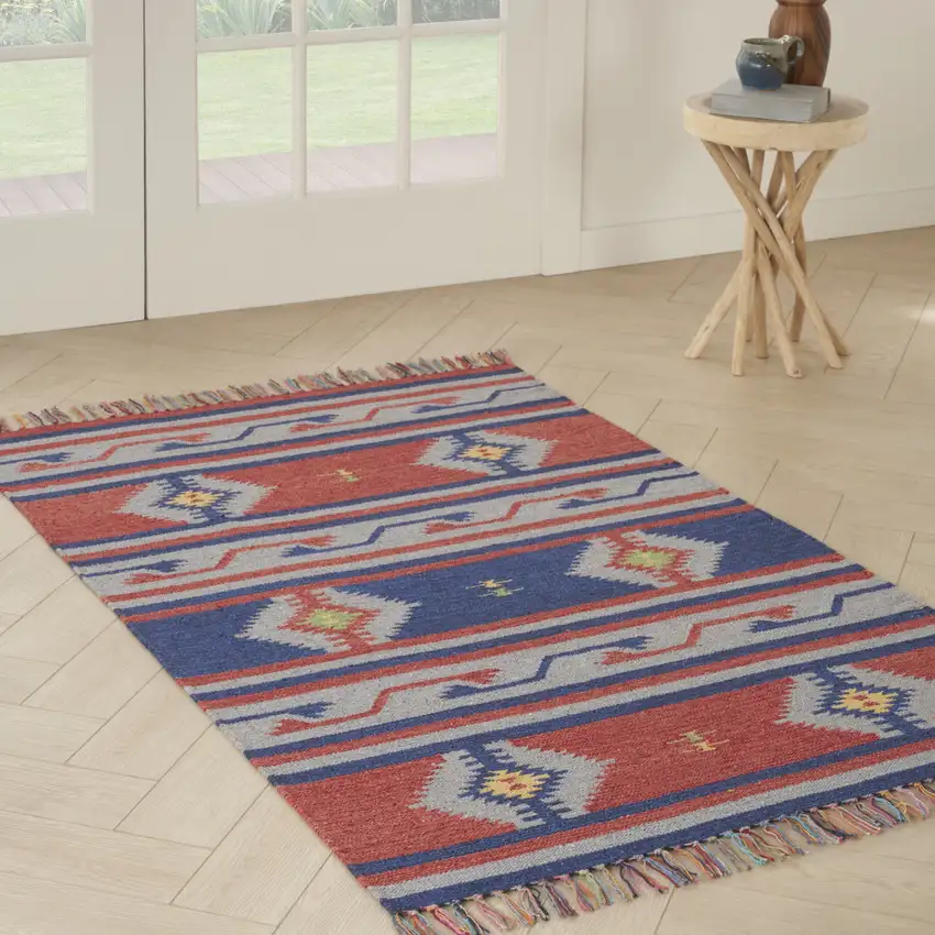 Blue and Red Southwestern Handmade Area Rug With Fringe Photo 4