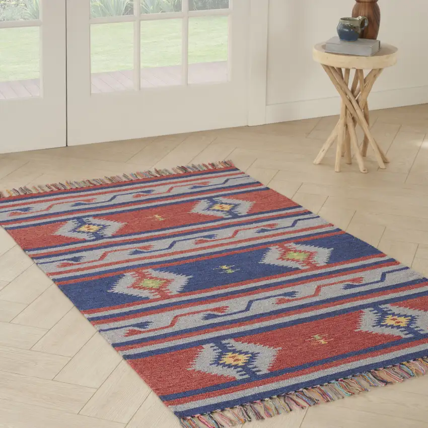Blue and Red Southwestern Handmade Area Rug With Fringe Photo 9