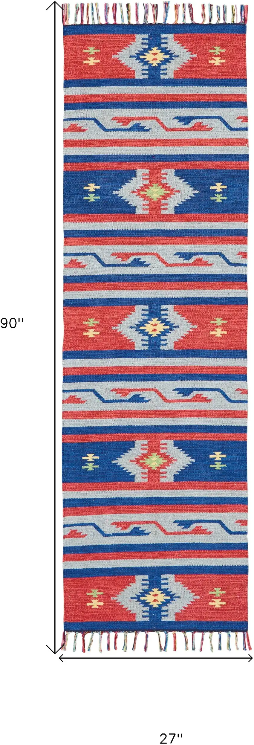 Blue and Red Southwestern Handmade Runner Rug With Fringe Photo 3