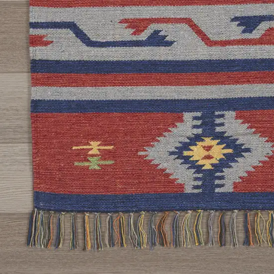 8' Blue And Red Southwestern Handmade Runner Rug With Fringe Photo 8