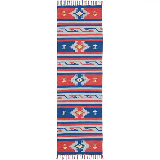 8' Blue And Red Southwestern Handmade Runner Rug With Fringe Photo 1