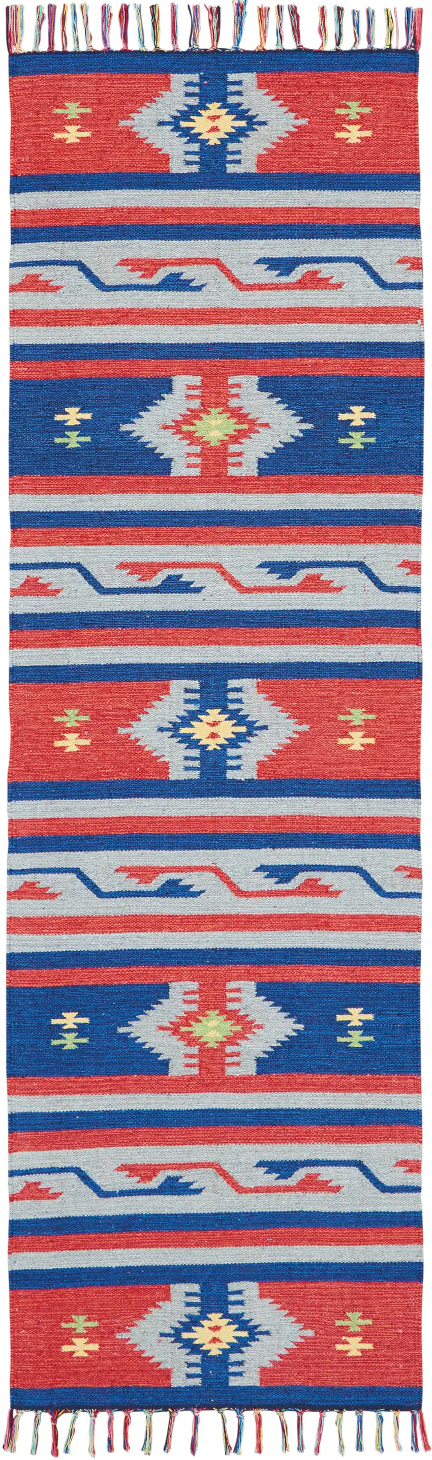 8' Blue And Red Southwestern Handmade Runner Rug With Fringe Photo 1