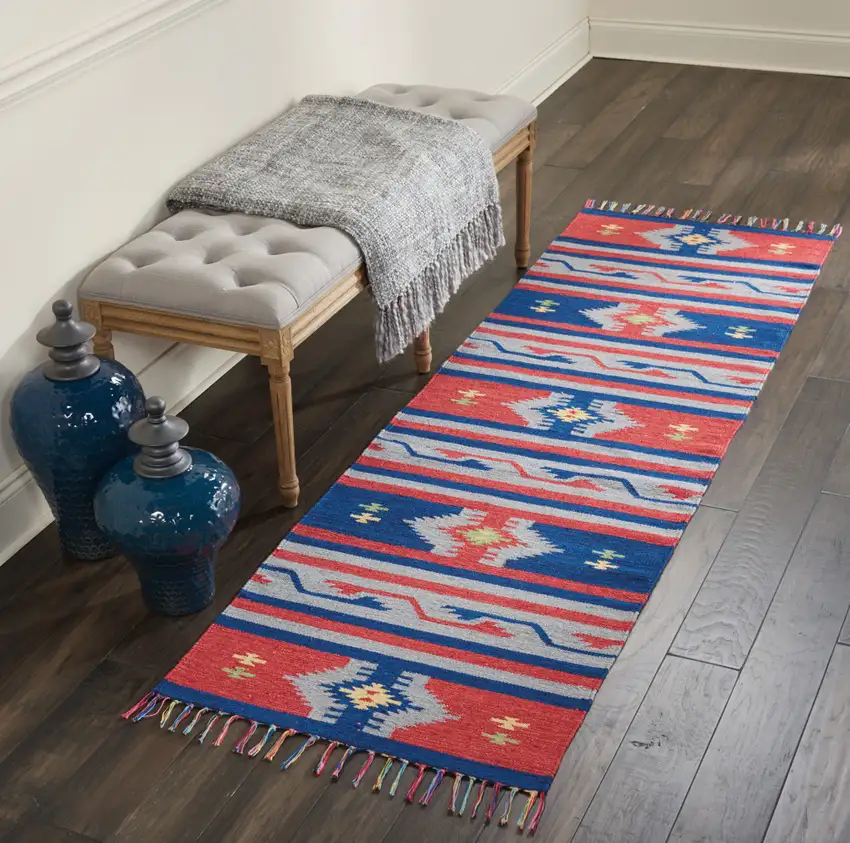 8' Blue And Red Southwestern Handmade Runner Rug With Fringe Photo 4