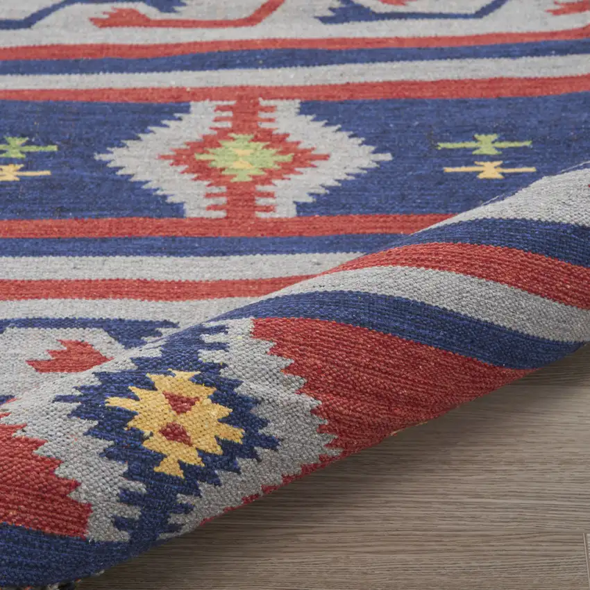 8' Blue And Red Southwestern Handmade Runner Rug With Fringe Photo 5