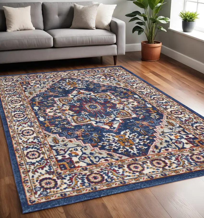 Blue And Ivory Medallion Distressed Area Rug Photo 2