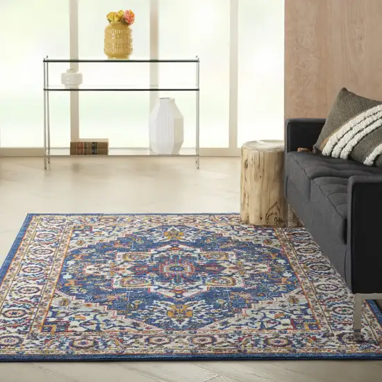 Blue And Ivory Medallion Distressed Area Rug Photo 9