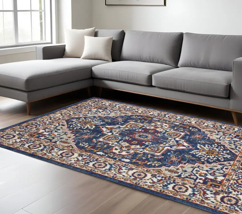 Blue And Ivory Medallion Distressed Area Rug Photo 2