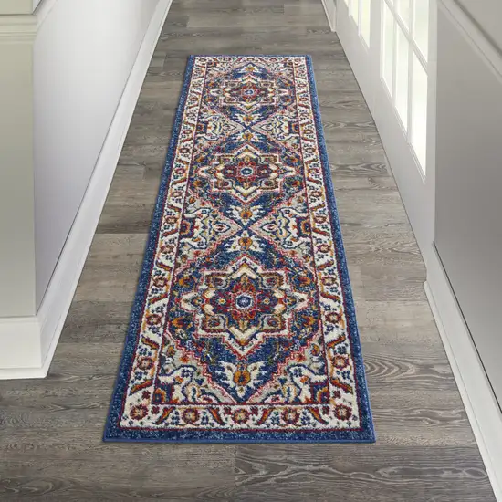 8' Blue And Ivory Medallion Distressed Runner Rug Photo 3