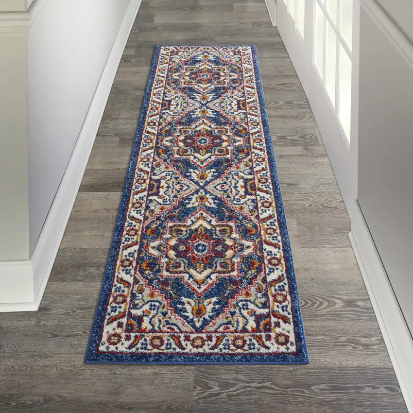 8' Blue And Ivory Medallion Distressed Runner Rug Photo 3