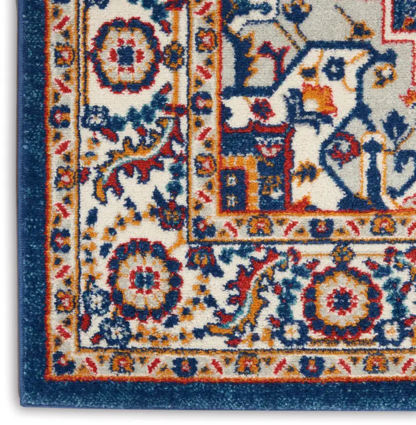 8' Blue And Ivory Medallion Distressed Runner Rug Photo 7