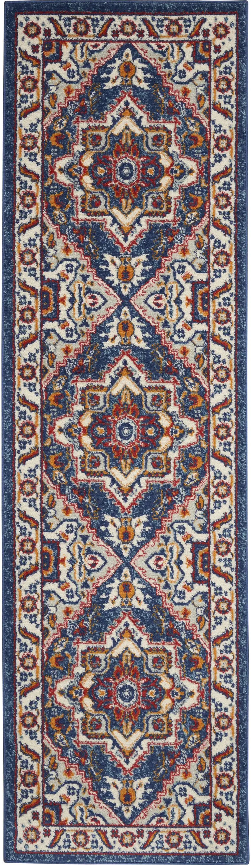 8' Blue And Ivory Medallion Distressed Runner Rug Photo 2
