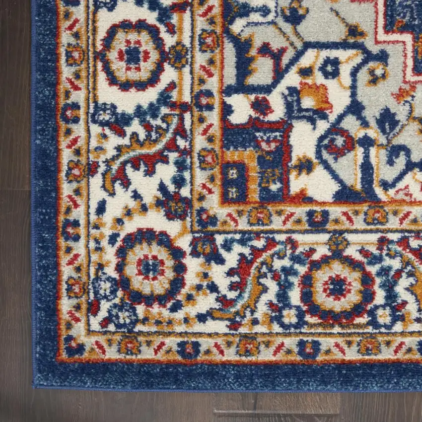 8' Blue And Ivory Medallion Distressed Runner Rug Photo 8