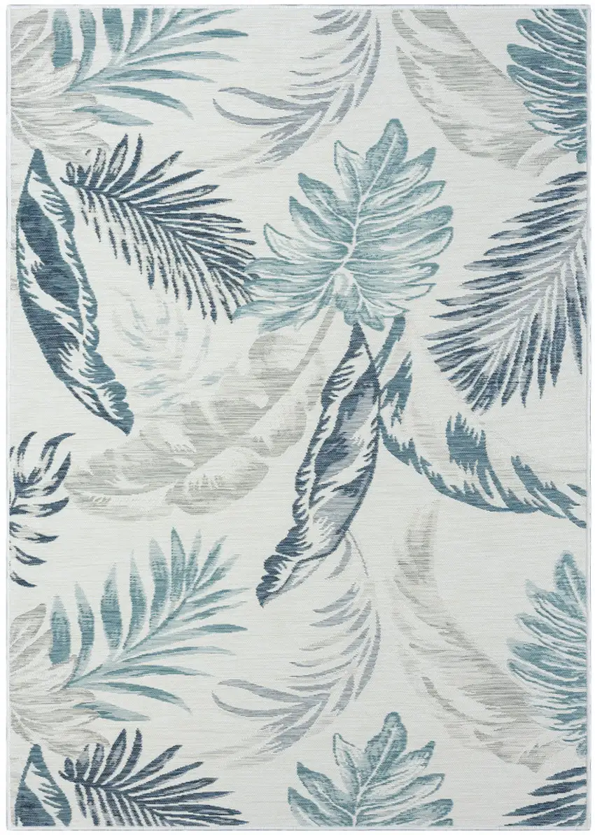 Blue and Serene White Palm Leaf Stain Resistant Indoor Outdoor Area Rug Photo 2