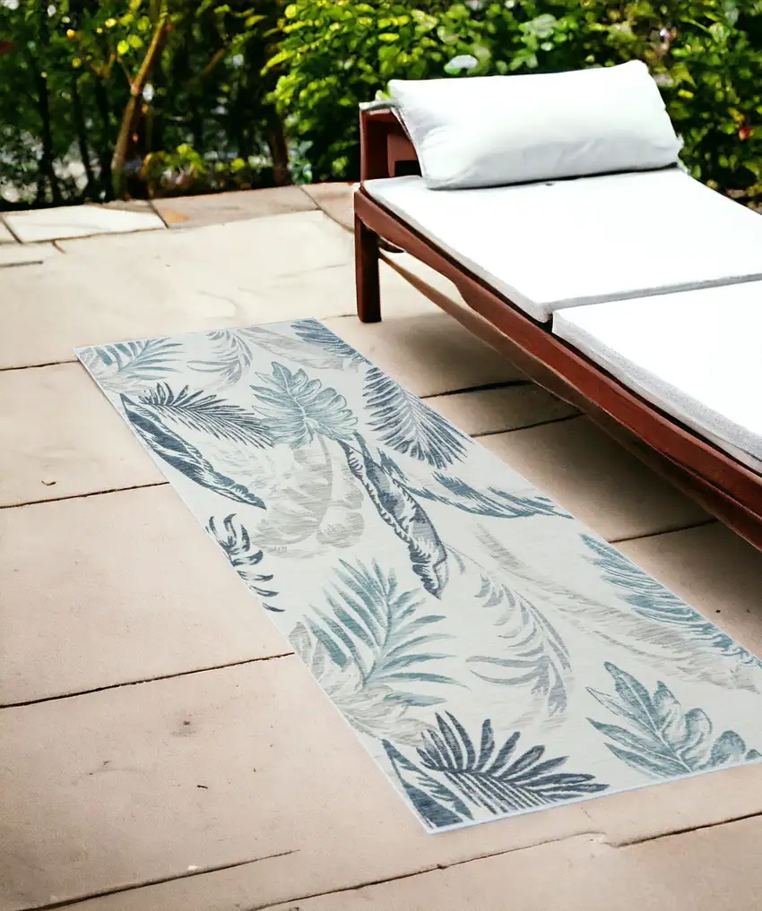 Blue and Serene White Palm Leaf Stain Resistant Indoor Outdoor Runner Rug Photo 1