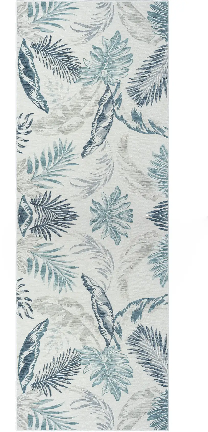 Blue and Serene White Palm Leaf Stain Resistant Indoor Outdoor Runner Rug Photo 2