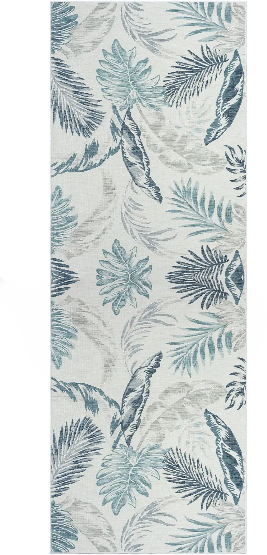 Blue and Serene White Palm Leaf Stain Resistant Indoor Outdoor Runner Rug Photo 6