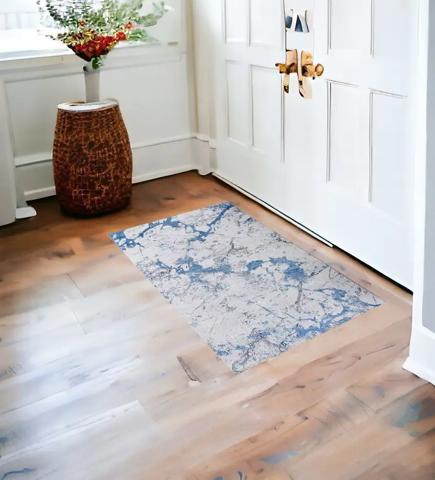 Blue and Silver Abstract Printed Washable Non Skid Area Rug Photo 1