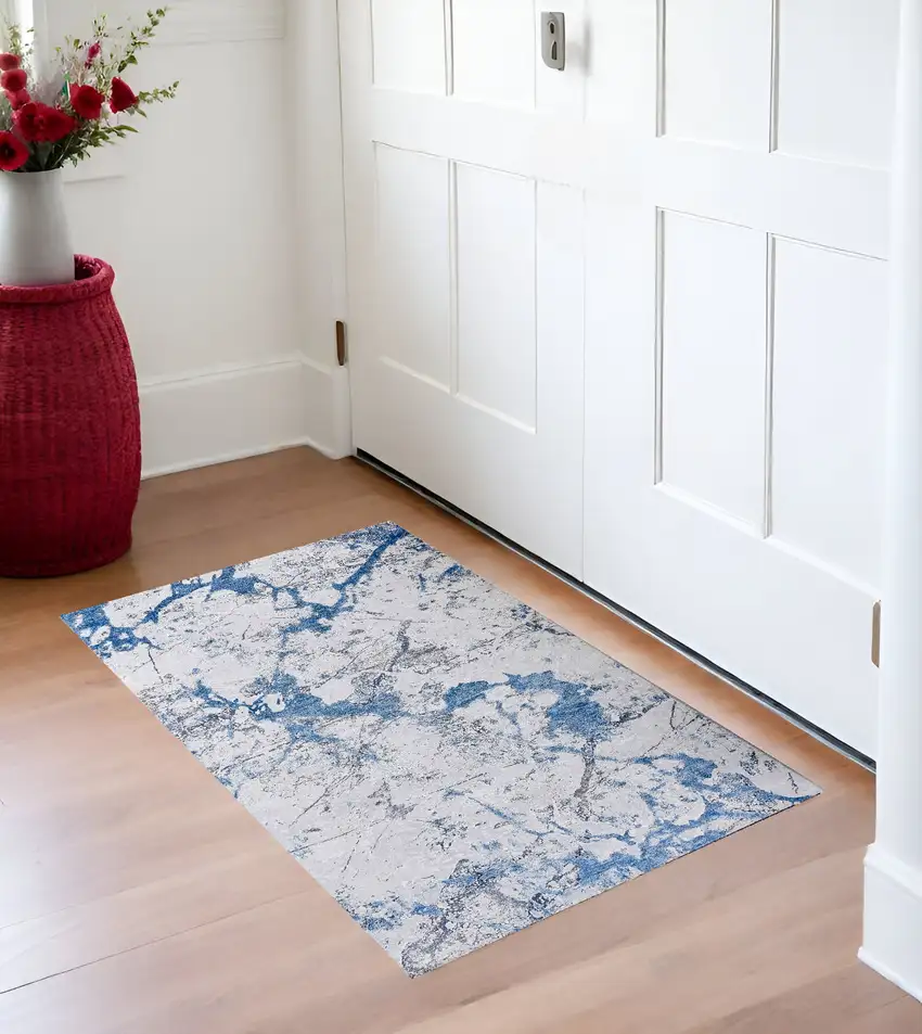 Blue and Silver Abstract Printed Washable Non Skid Area Rug Photo 1