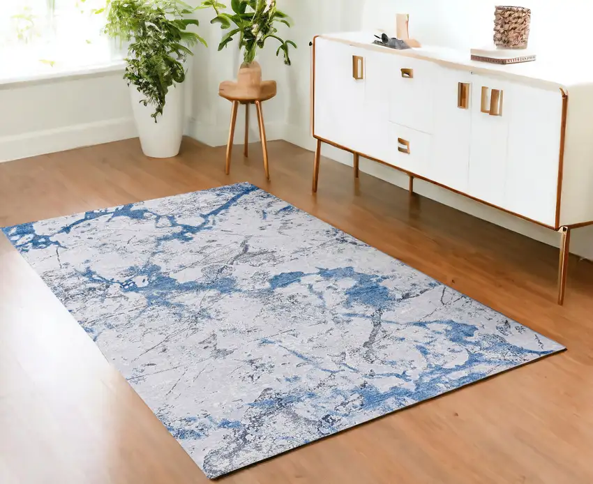 Blue and Silver Abstract Printed Washable Non Skid Area Rug Photo 1