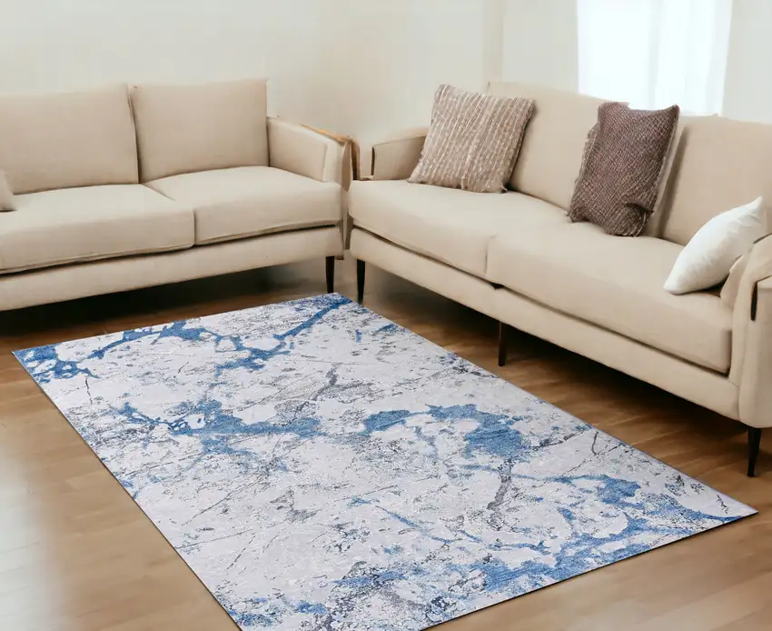 Blue and Silver Abstract Printed Washable Non Skid Area Rug Photo 1