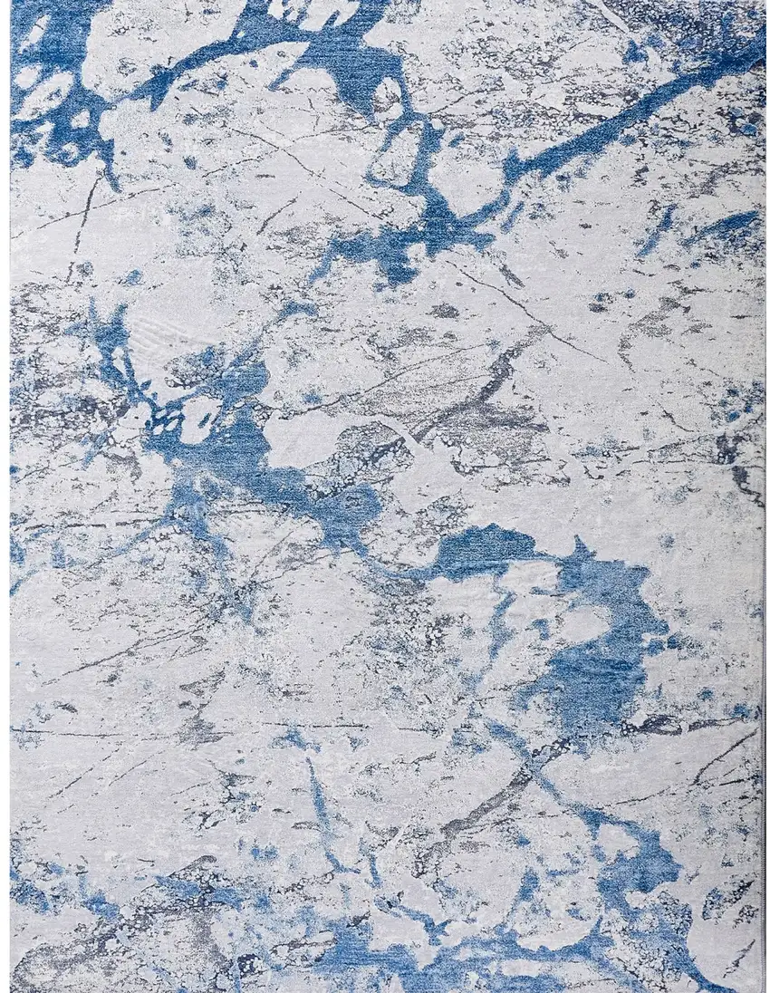 Blue and Silver Abstract Printed Washable Non Skid Area Rug Photo 2