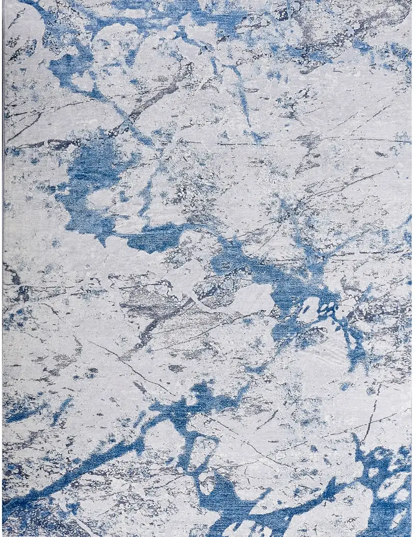 Blue and Silver Abstract Shag Printed Washable Non Skid Area Rug Photo 1