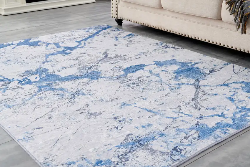 Blue and Silver Abstract Shag Printed Washable Non Skid Area Rug Photo 6
