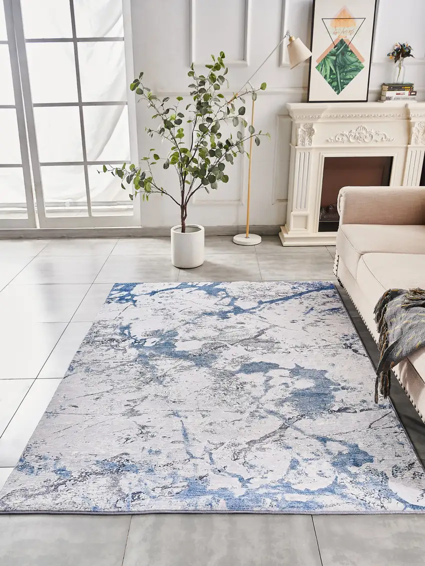 Blue and Silver Abstract Shag Printed Washable Non Skid Area Rug Photo 9