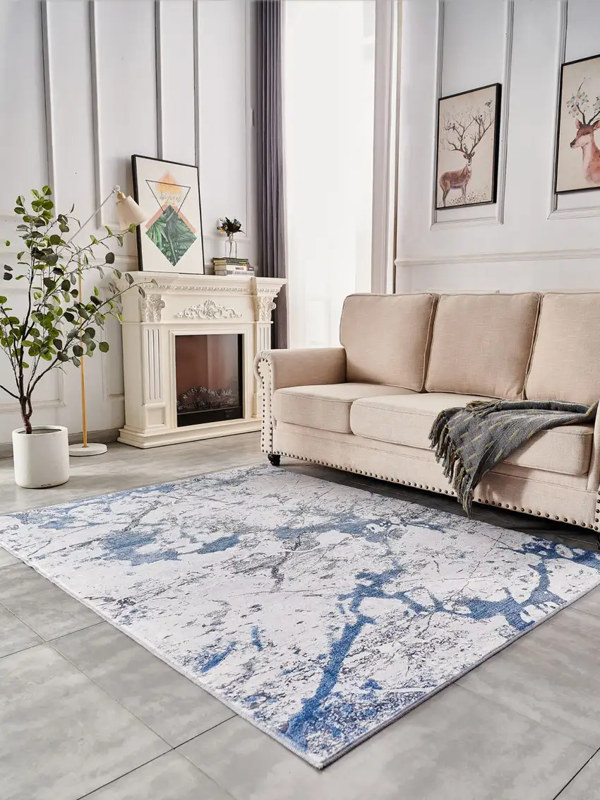 Blue and Silver Abstract Shag Printed Washable Non Skid Area Rug Photo 8