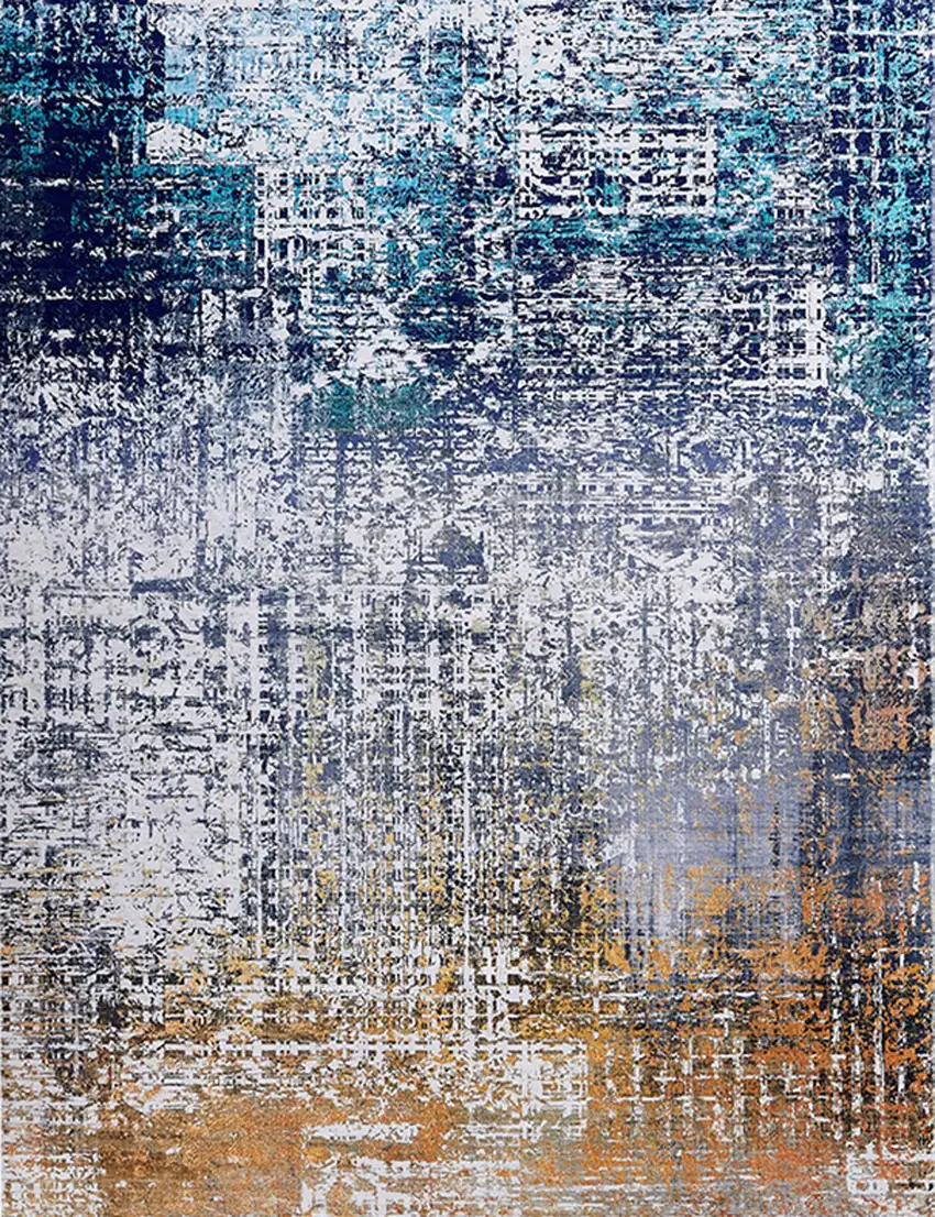 Blue and Silver Abstract Shag Printed Washable Non Skid Area Rug Photo 3