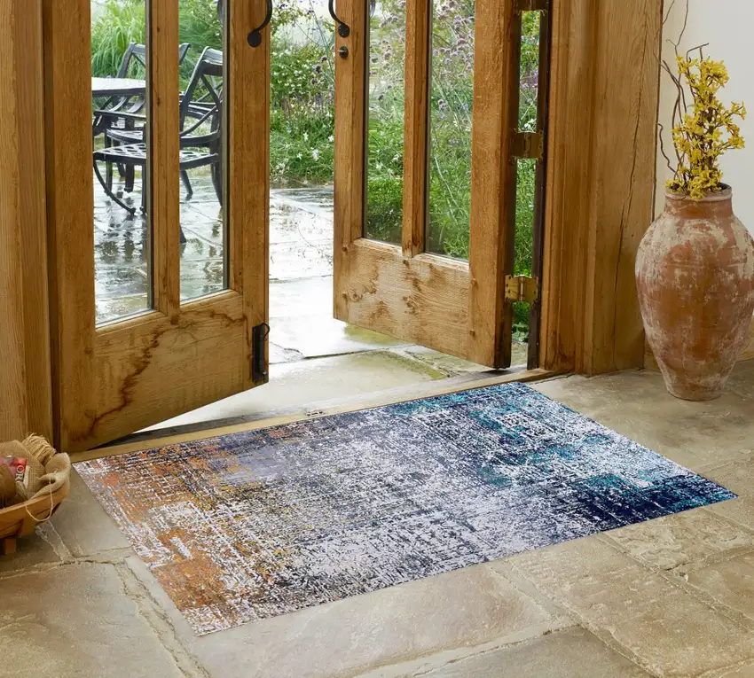 Blue and Silver Abstract Shag Printed Washable Non Skid Area Rug Photo 2