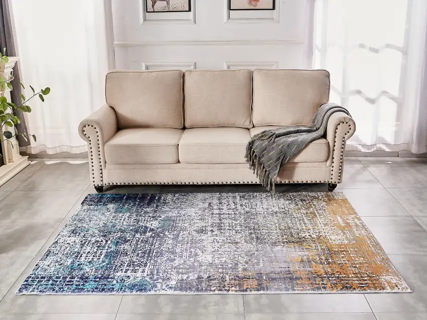 Blue and Silver Abstract Shag Printed Washable Non Skid Area Rug Photo 9