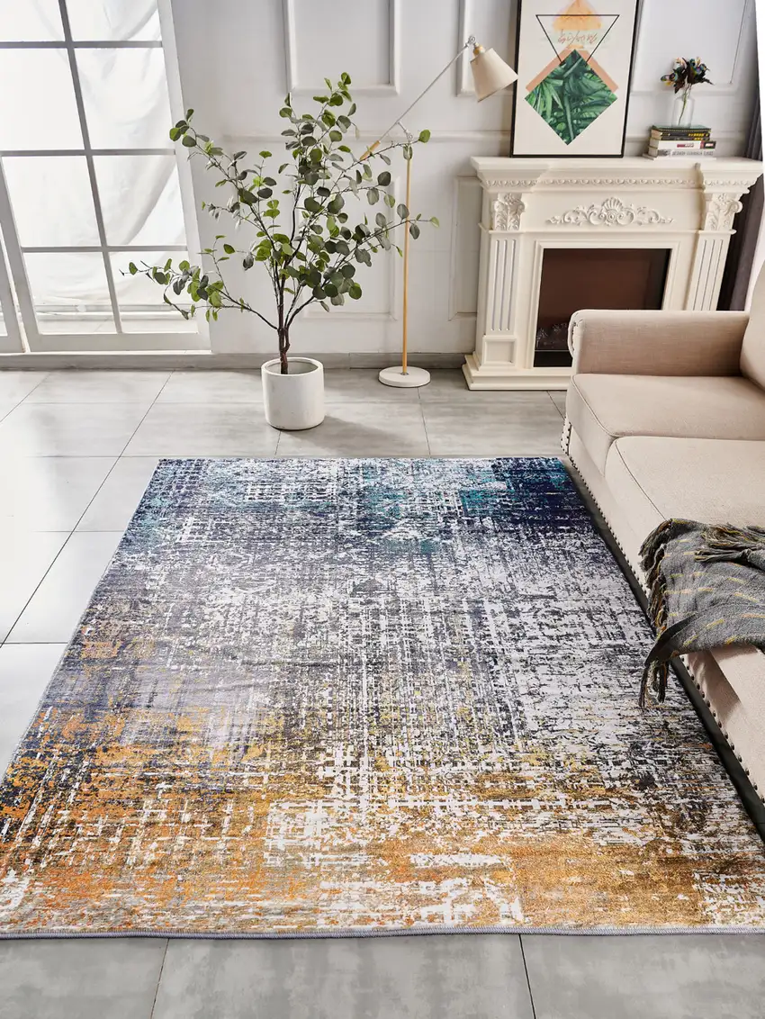 Blue and Silver Abstract Shag Printed Washable Non Skid Area Rug Photo 8