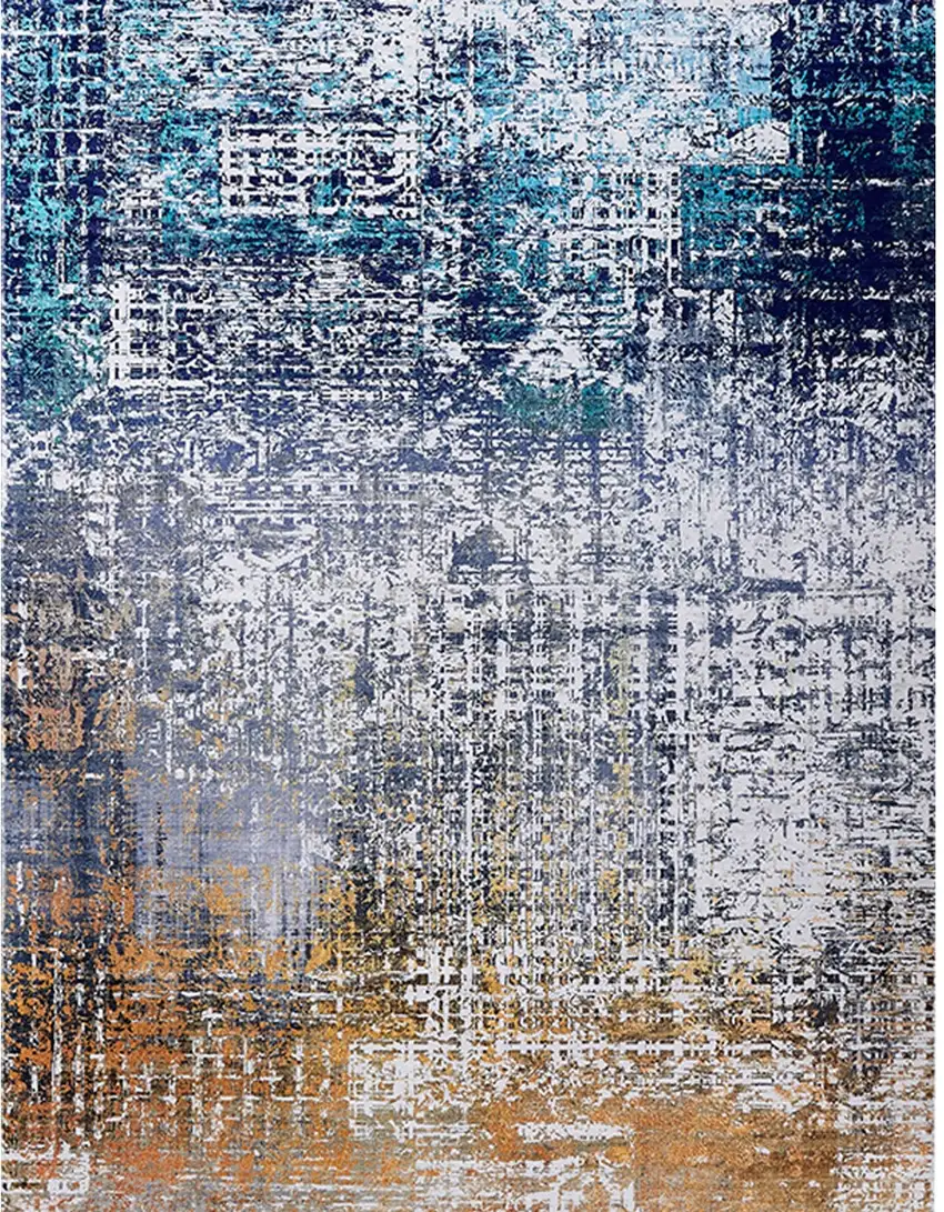 Blue and Silver Abstract Shag Printed Washable Non Skid Area Rug Photo 1