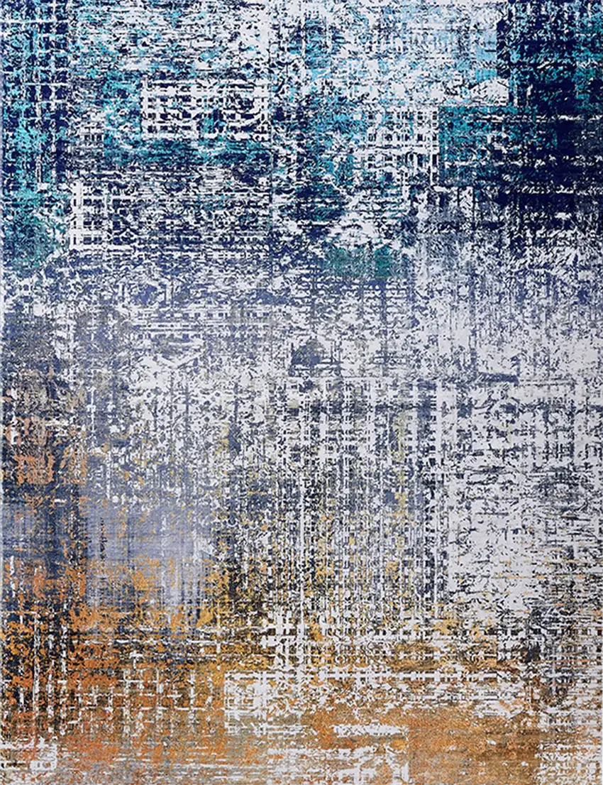 Blue and Silver Abstract Shag Printed Washable Non Skid Area Rug Photo 3