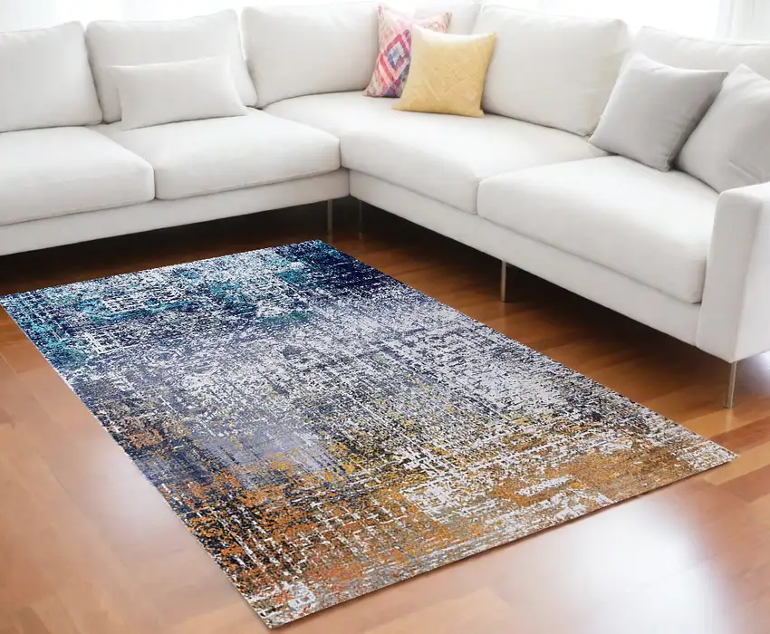 Blue and Silver Abstract Shag Printed Washable Non Skid Area Rug Photo 2