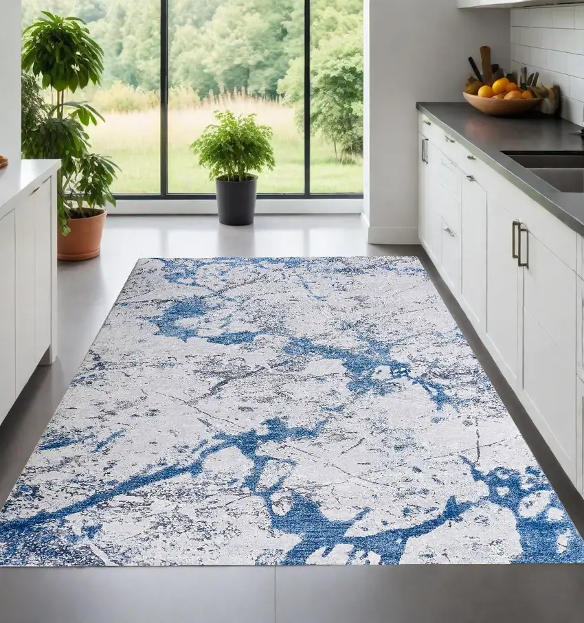 Blue and Silver Abstract Washable Non Skid Area Rug Photo 2