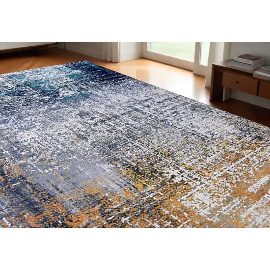 Blue and Silver Abstract Washable Non Skid Area Rug Photo 2