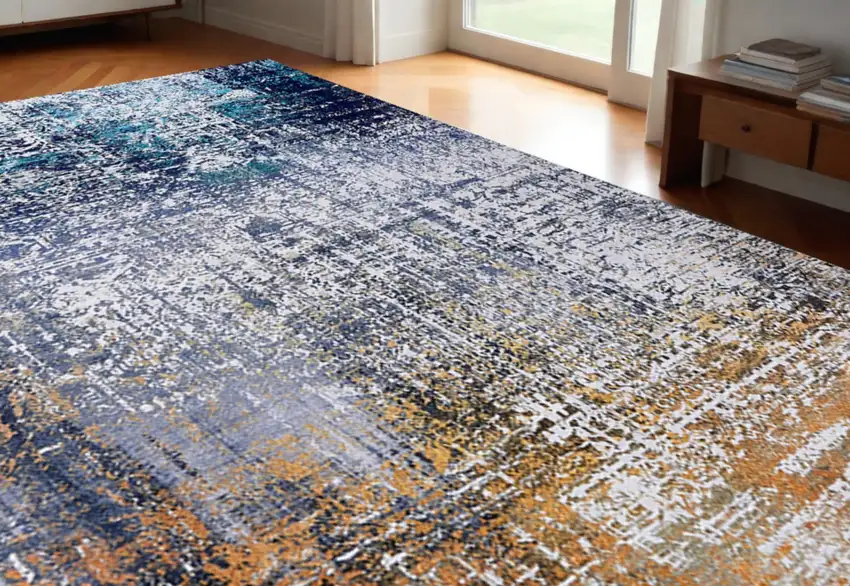 Blue and Silver Abstract Washable Non Skid Area Rug Photo 2
