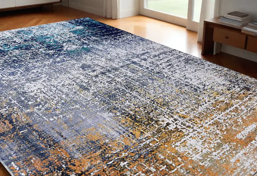 Blue and Silver Abstract Washable Non Skid Area Rug Photo 1