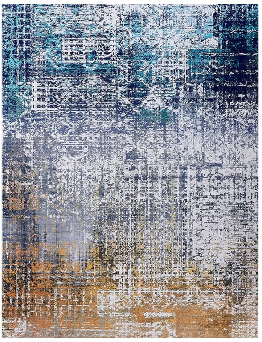 Blue and Silver Abstract Washable Non Skid Area Rug Photo 1