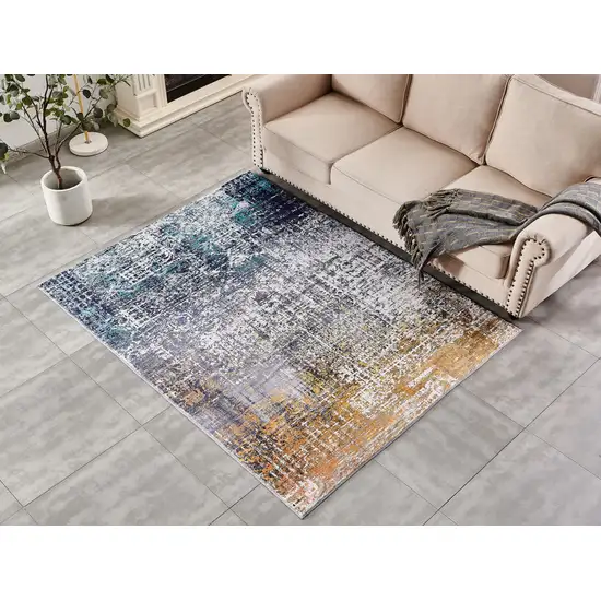 Blue and Silver Abstract Washable Non Skid Area Rug Photo 9