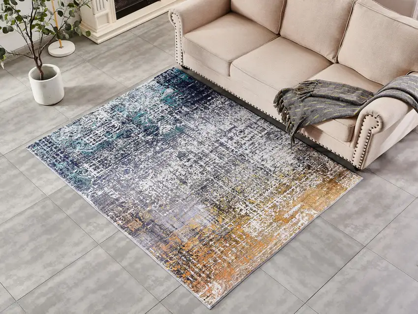 Blue and Silver Abstract Washable Non Skid Area Rug Photo 9