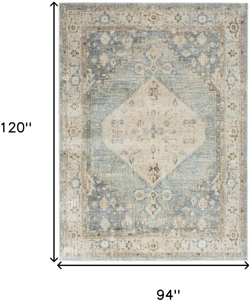 Blue and Silver Floral Medallion Power Loom Distressed Washable Area Rug Photo 3