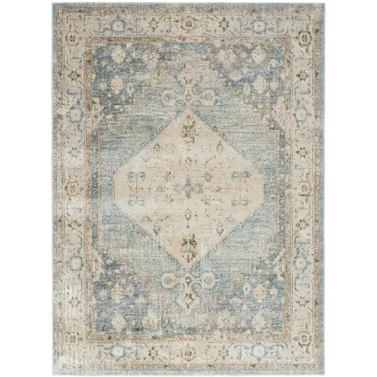 Blue and Silver Floral Medallion Power Loom Distressed Washable Area Rug Photo 5